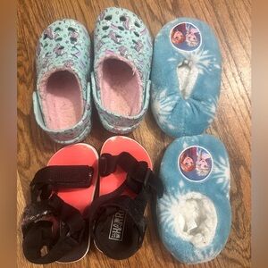 Girls toddler Footwear Bundle - Unicorn Clogs, Sandals, Frozen Slippers size 6